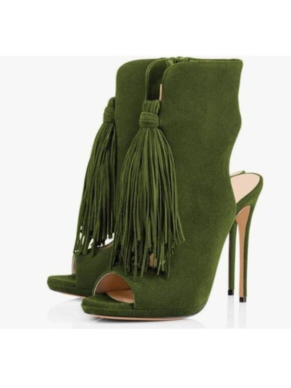 FSJ Olive Peep Toe Slingback High Heels Sandals Fringed Ankle Booties Chic Shoes